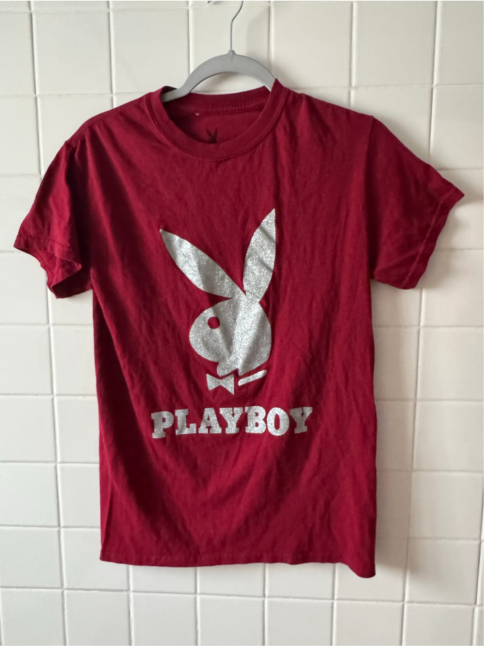 Women's Playboy Short Sleeve Graphic Tee, Size S, Red and Silver